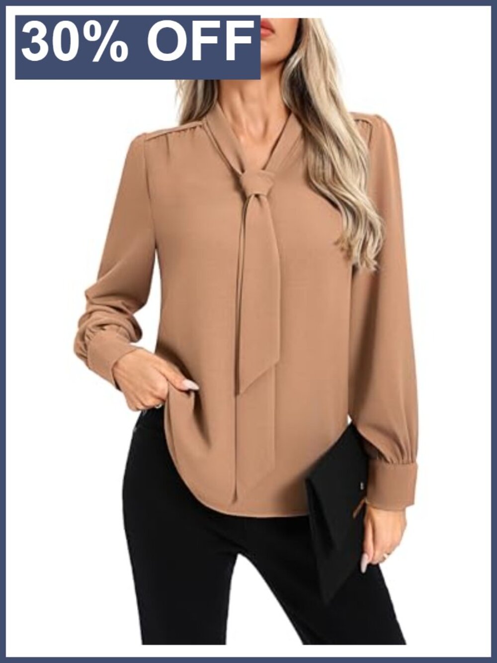 Women Long Sleeve Business Casual Blouse Dressy Bow Tie Neck Top